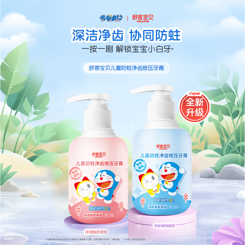 舒客宝贝(sakykids)儿童牙膏按压150g大容量含氟防蛀2-12岁草莓味-哆啦A梦高清大图