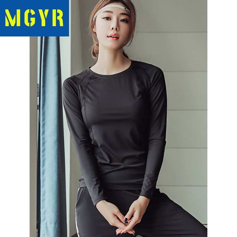 MGYR瑜伽服上衣女长袖单件速干T恤跑步运动服上装紧身弹力短袖健身服