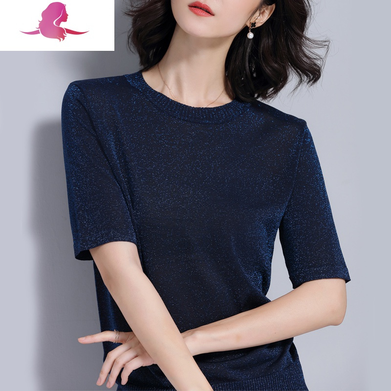 艳如飞夏季薄款冰丝针织衫女套头 韩版修身针织短袖t恤女亮丝打底衫上衣T恤