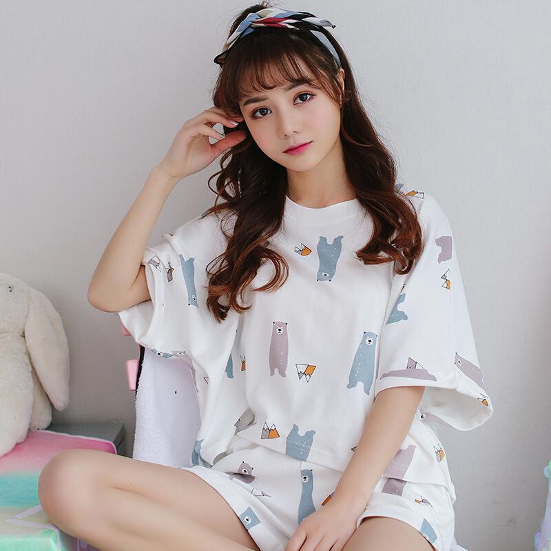 睡衣女夏季棉短袖韩版套装清新两件套学生宽松夏天家居服可外穿JS:7565虾粉色小熊纯棉短袖短裤