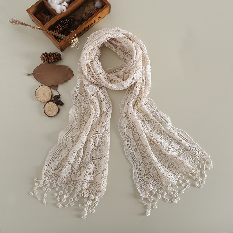 盛世尼曼新款文艺小清新纯色镂空钩花棉线长方形流苏围巾女百搭简洁
