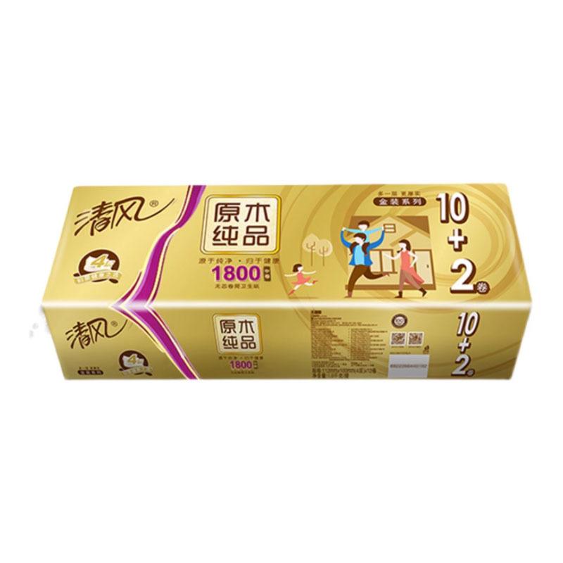 清风 清风金装无芯卷纸4层1800克12卷无芯卫生纸婴儿卷纸家庭装厕纸巾12卷