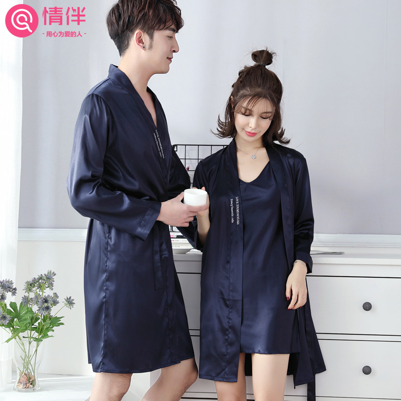 韩版春秋季情侣真丝睡袍丝绸浴袍睡衣女睡裙夏季男长袖冰丝家居服_2_506高清大图