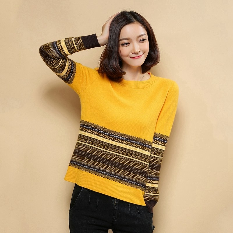 新款民族风条纹提花羊绒衫毛衣韩版圆领时尚显瘦潮流女主要参数品牌