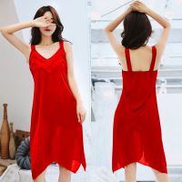 睡衣女秋夏季胖MM冰丝睡裙女夏季仿真丝胖妹妹200斤孕妇蕾丝4XL 361红 M