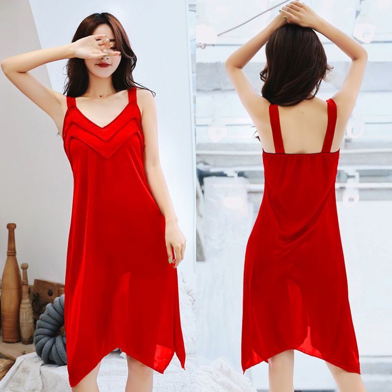睡衣女秋夏季胖MM冰丝睡裙女夏季仿真丝胖妹妹200斤孕妇蕾丝4XL 361红 M