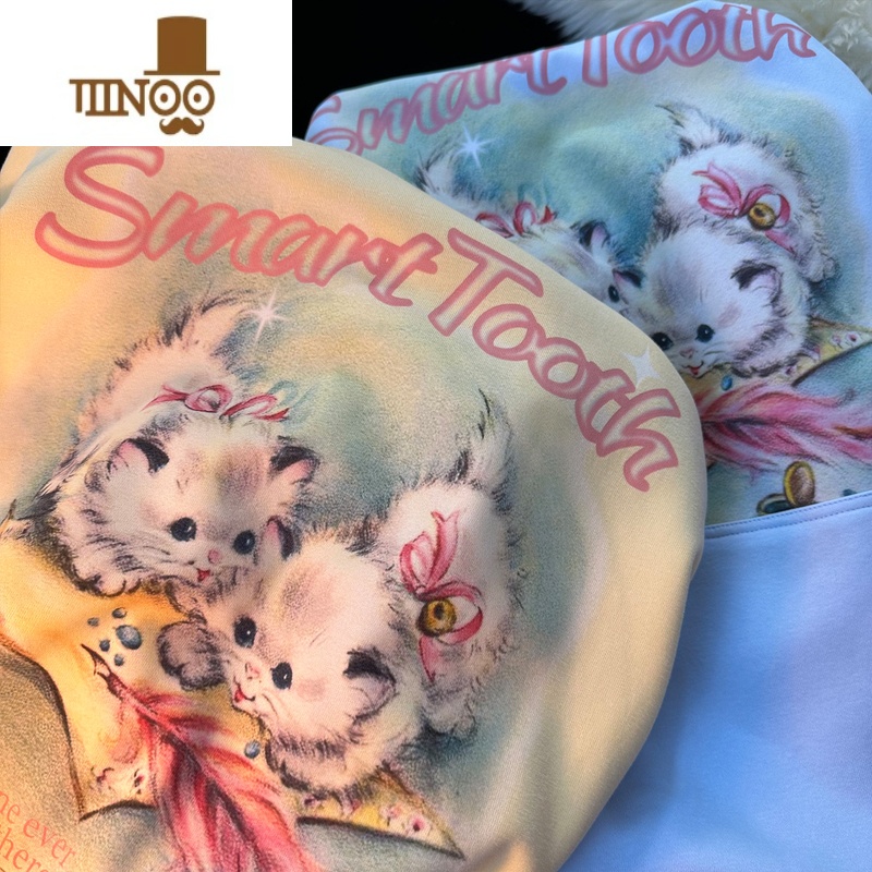 YANXUCURPOPP 甜美小猫咪连帽卫衣男早秋奶系oversize宽松情侣上衣高清大图