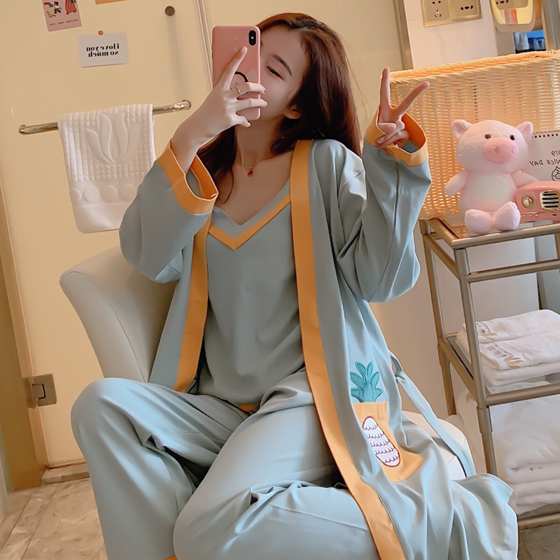 睡衣女春秋冬纯棉三件套睡袍女中长款吊带睡裙韩版浴袍简约家居服