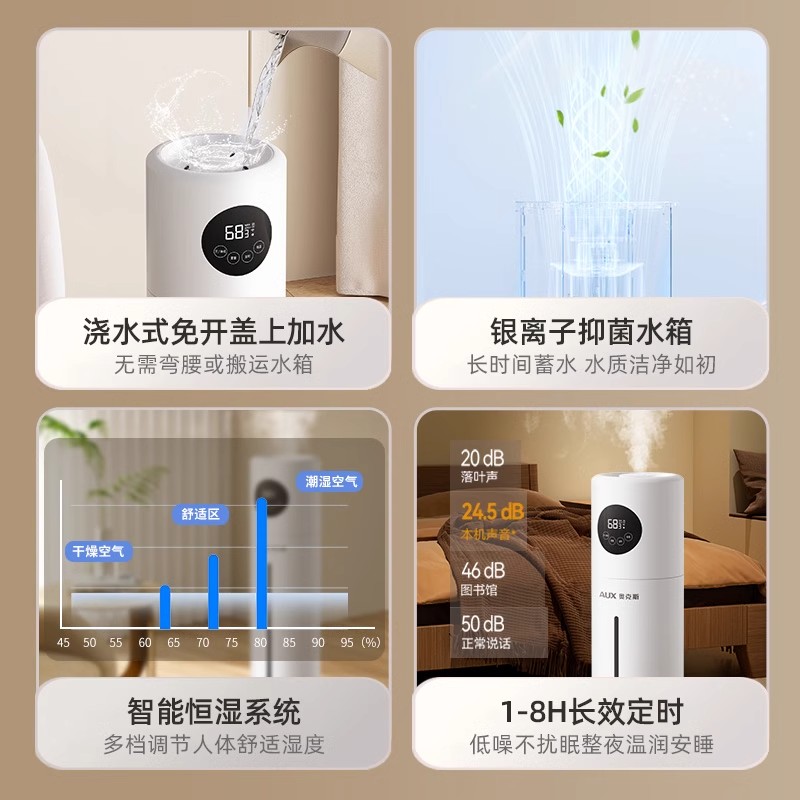 奥克斯落地式加湿器家用轻音卧室空调房孕妇婴儿空气大雾量喷雾器 触控+遥控+抑菌+定时+智能恒湿+多重净化款高清大图