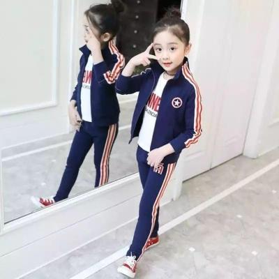 女童春装套装休闲运动套装2021新款童装女童春款中大童卫衣三件套 胸标五角星 藏青色 偏胖拍大一码标语