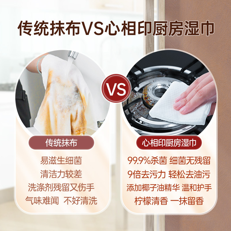 心相印厨房湿巾纸去油去污家用油烟机厨房专用湿纸巾去油污40抽*9大包