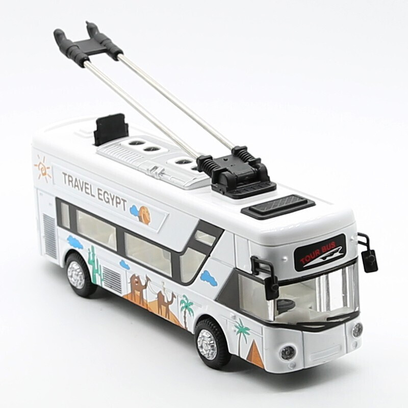 加长双节公交车巴士三开回力声光合金车模型玩具无轨电车白色