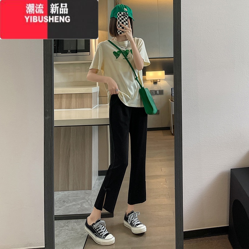 YIBUSHENG时尚盘扣开叉喇叭裤女季薄款高腰显瘦九分冰丝裤宽松直筒休闲裤高清大图