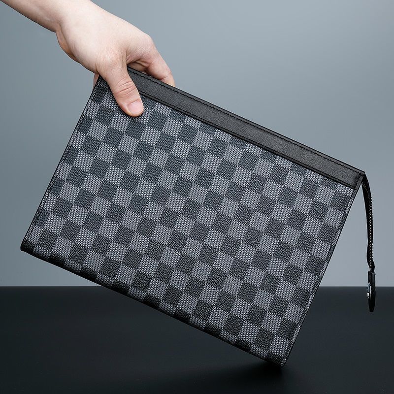 手包男潮牌真皮质感钱包男士手拿包夹包大容量商务信封包男包黑色格子