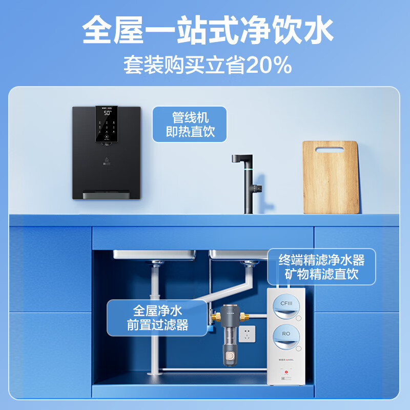 安吉尔净水器保留矿物质RO膜过滤0阻垢剂玉龙Max1000G+Y3611(白)净热两件套高清大图