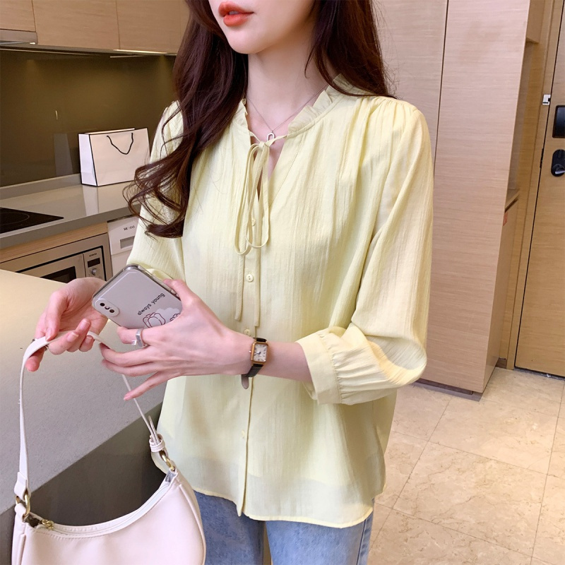 唐狮 |春季女圆领花边绑绳净色长袖衬衫设计感百搭气质韩版