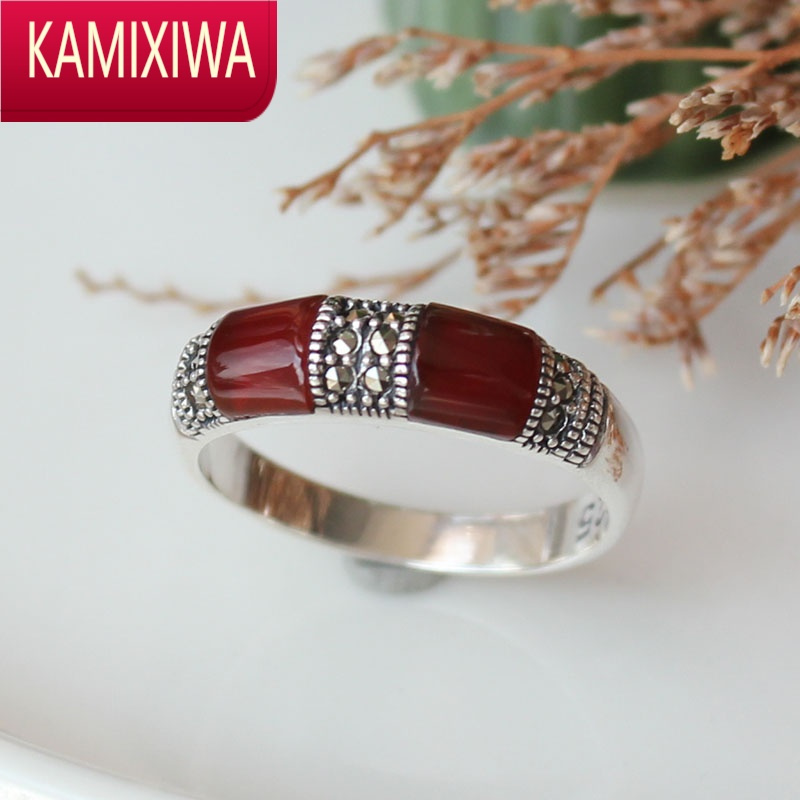 KAMIXIWA银高级感轻奢时尚复古简约光圈指环红玛瑙戒指女镶钻食指戒