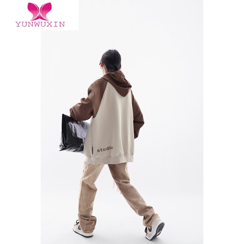 YUNWUXINAce撞色插肩袖连帽卫衣女宽松显瘦2022秋新款百搭潮牌上衣