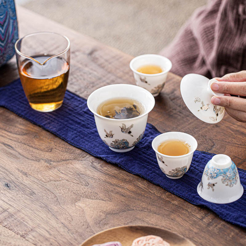 領藝 祥鹤观海旅行茶具套装德化白瓷一壶三杯快客杯户外旅行车载便携功夫茶具 祥鹤观海旅行茶具