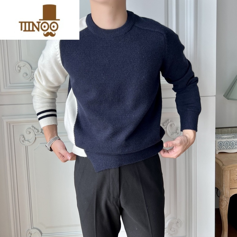YANXU新款毛衣男士韩版休闲个性撞色圆领针织衫男款日系复古线衣高清大图
