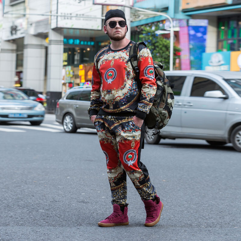 印花男士大码男装加肥加大套头休闲运动卫衣套装男图片色