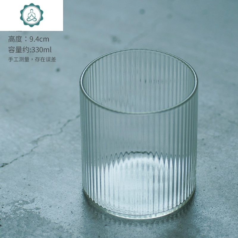 羽田玻璃茶杯高端木底直筒竖纹锤纹水杯办公家用手工耐热透明杯子 封后 敞口竖纹杯