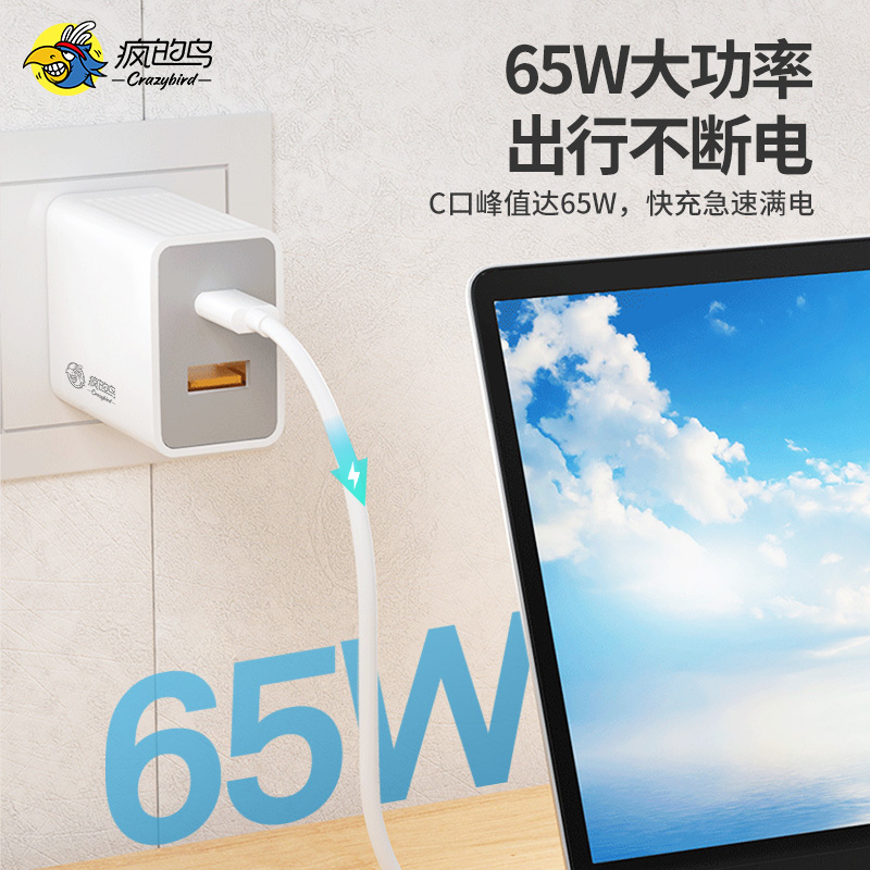 疯的鸟 65W GaN氮化镓充电器双口快充头Type-C接口适用pd苹果14华为小米手机笔记本平板