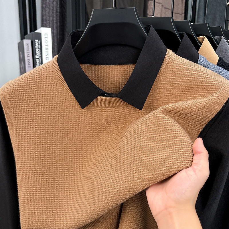针织男士假两件2025秋季新款时尚拼接翻领撞色毛衣男针织衫高清大图