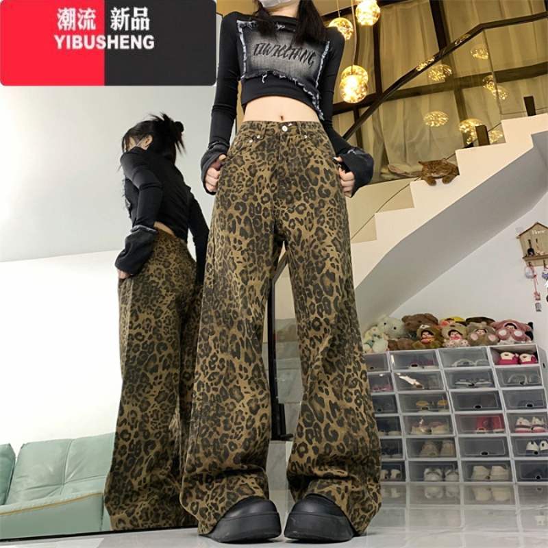 YIBUSHENG美式复古豹纹牛仔裤女男季潮牌小众阔腿裤宽松垂感休闲长裤腰松 L 豹纹优质面料