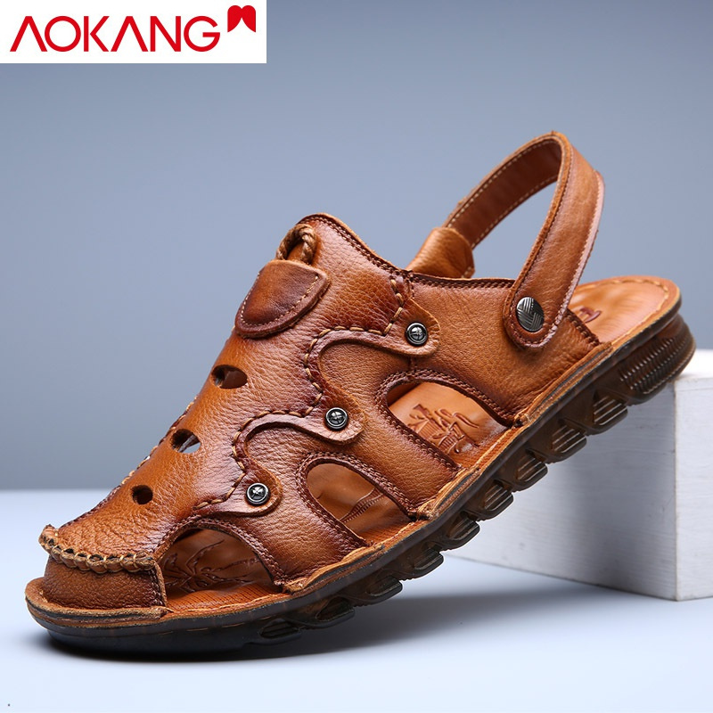 奥康2024夏季凉鞋男真皮户外包头休闲鞋牛筋软底沙滩鞋男士外穿拖鞋子