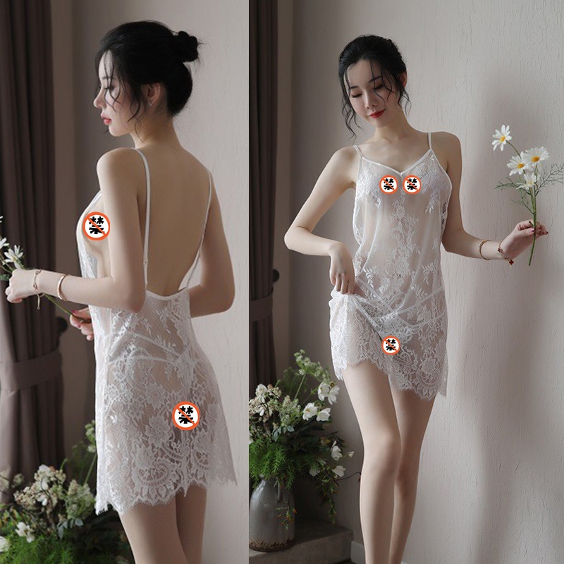 女士情趣内衣蕾丝透视露背吊带连衣裙女式情趣睡衣睡裙破洞开档免脱丁字内裤套装学生性感全透明诱惑薄款露毛长夜漫漫成人女性用品 白色 均码M-XL