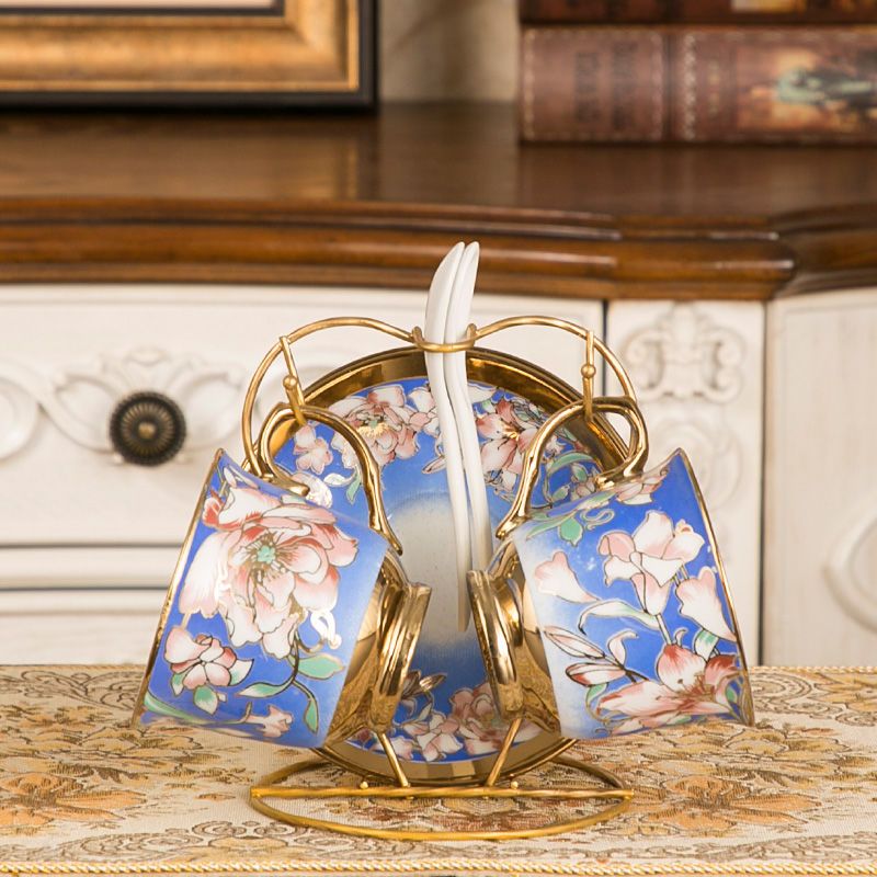 咖啡杯套装英式红茶杯陶瓷水杯子欧式茶具6件套家用办公室马克杯|如意2杯碟勺+架子