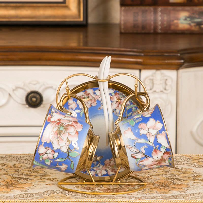 咖啡杯套装英式红茶杯陶瓷水杯子欧式茶具6件套家用办公室马克杯|如意2杯碟勺+架子图片