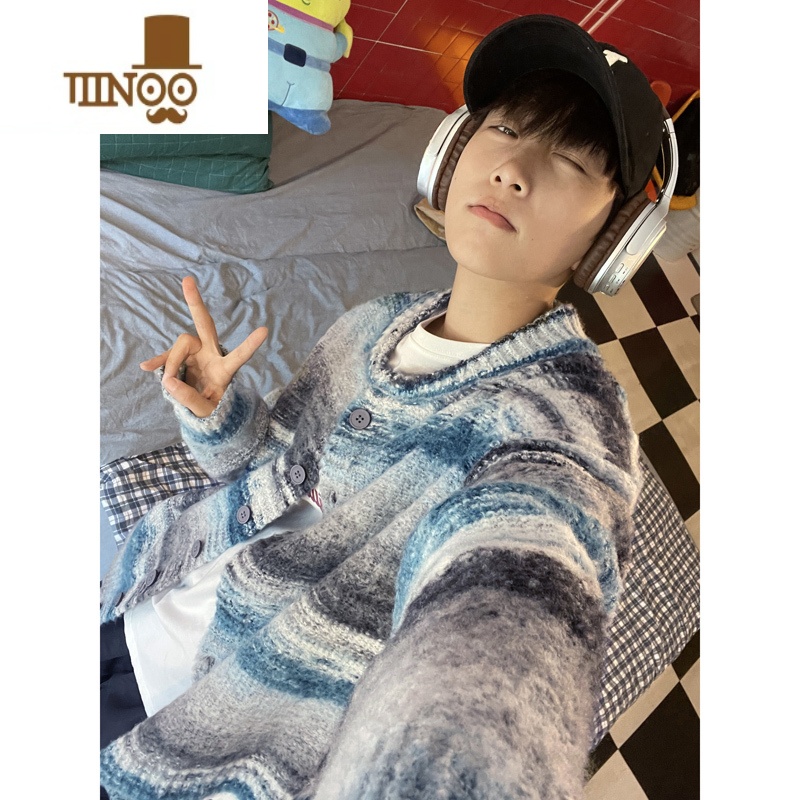 YANXU彩色条纹开衫毛衣男款潮牌撞色针织衫慵懒风宽松休闲线衣外套高清大图