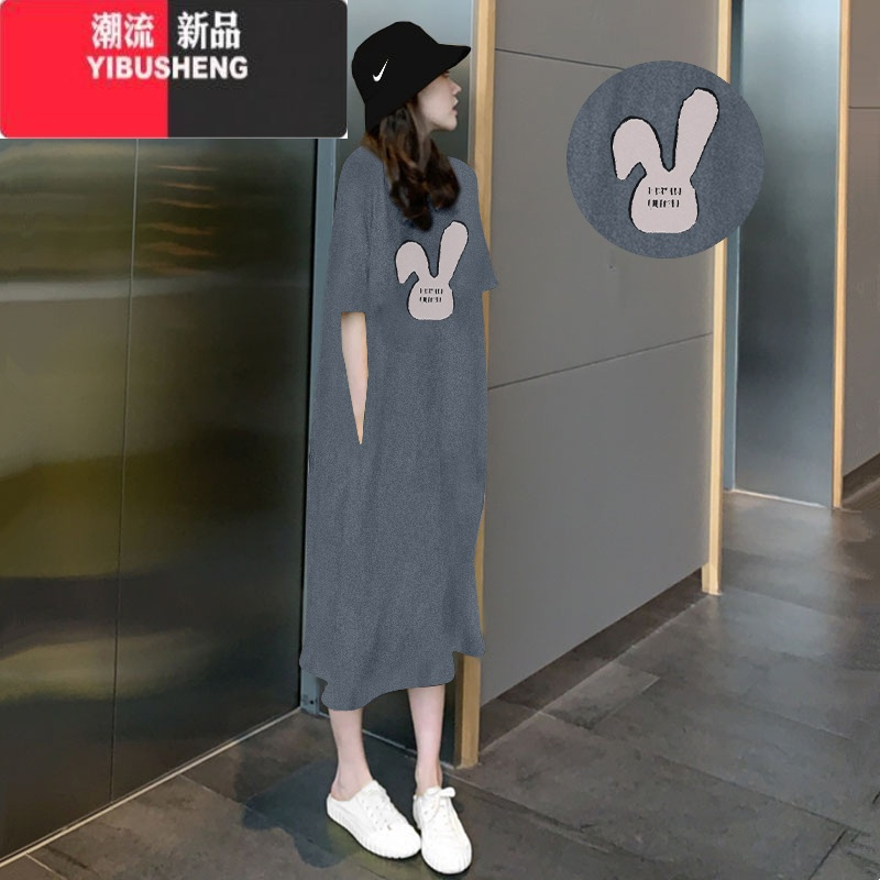 YIBUSHENG2024年新款季t恤裙子宽松大码显瘦短袖连衣裙女装开叉长裙