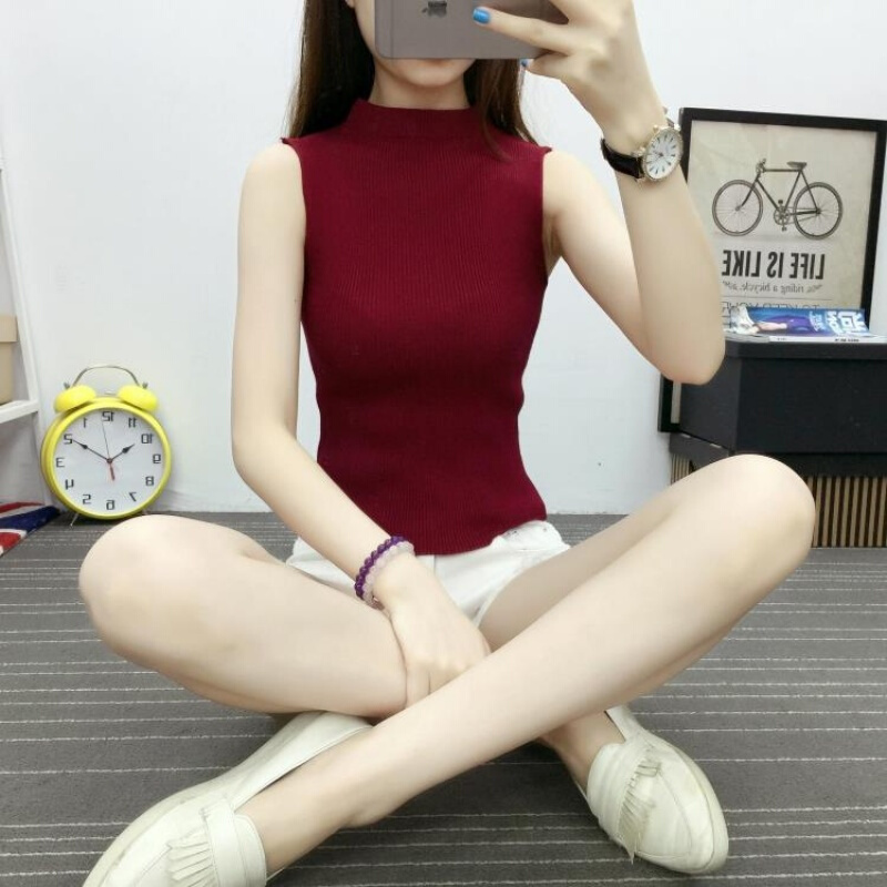 2016夏季韩版修身高领无袖针织衫背心女士薄款套头纯色打底衫上衣白色均码建议80-130斤左右