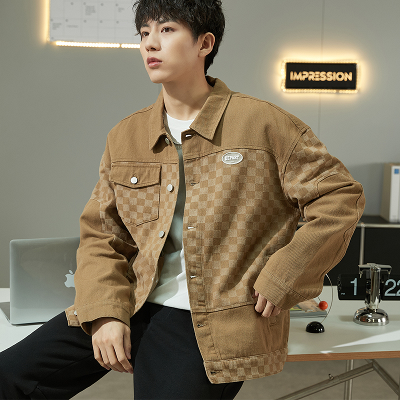 9元]唐狮春季新款牛仔外套男暗纹棋盘格外套男宽松牛仔衣男士夹克