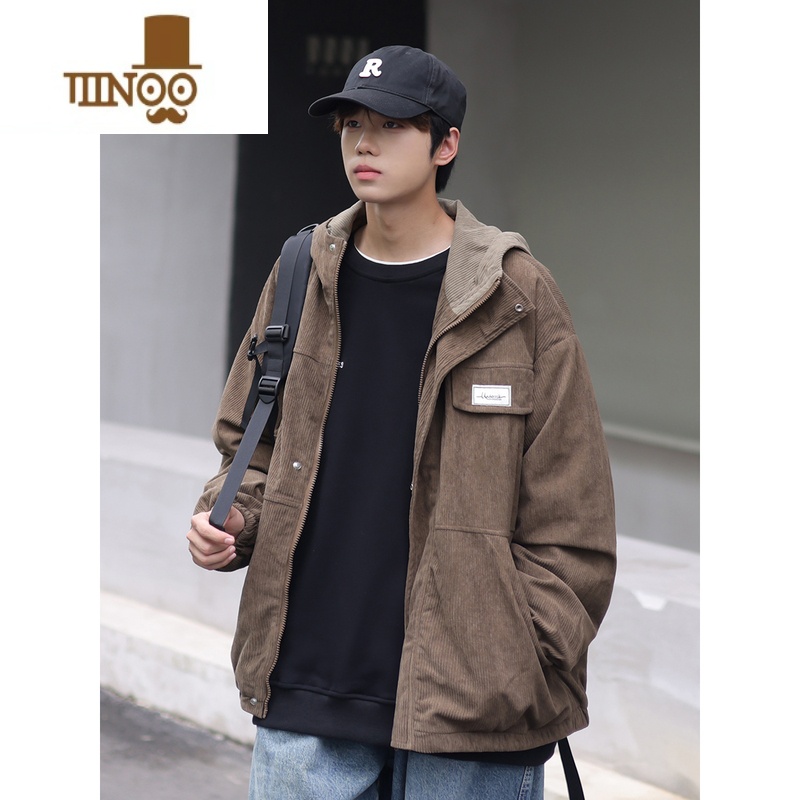 YANXU2023秋季新款工装外套男生款帅气学生灯芯绒连帽夹克高清大图