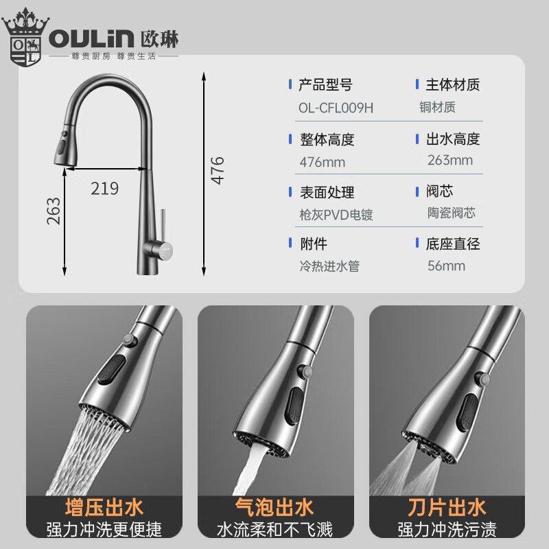 欧琳(OULIN)厨房水龙头冷热水小蛮腰抽拉龙头 L009H 出水方式 气泡/花洒/刀片式高清大图