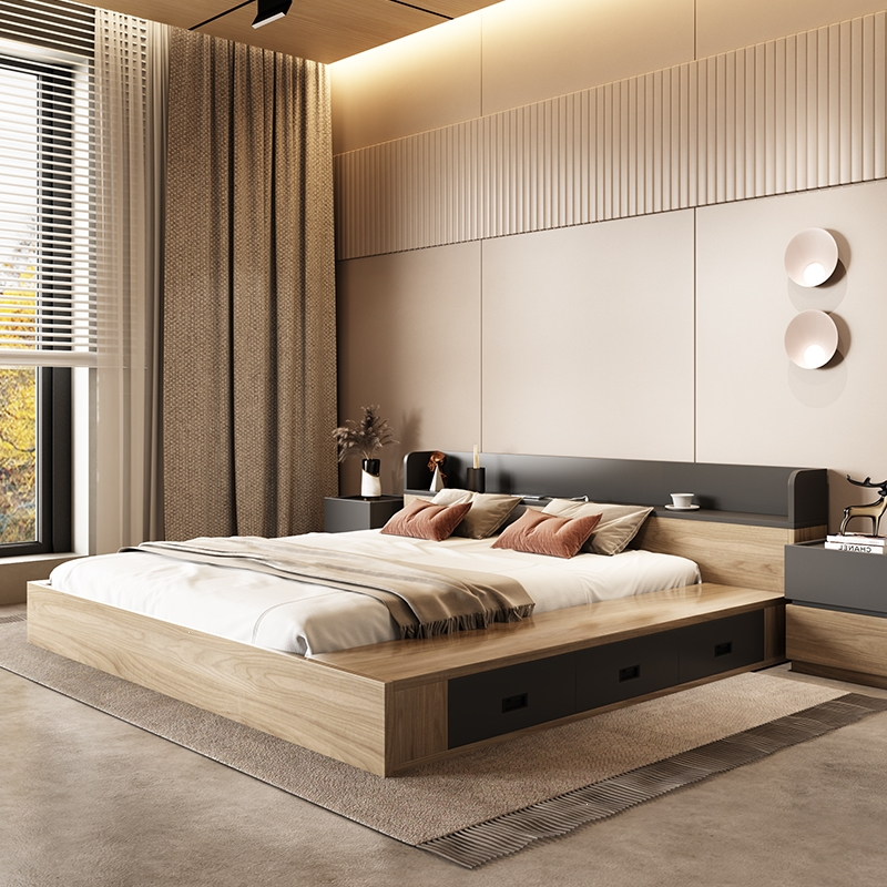 曼莎佳人日式榻榻米储物床现代简约北欧落地床双人床18米主卧矮床e