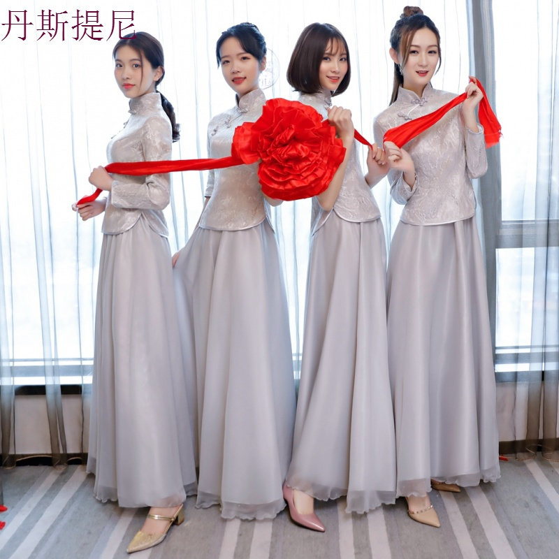 伴娘服中式复古姐妹团旗袍裙2018新款灰色长款晚礼服女毕业典礼装