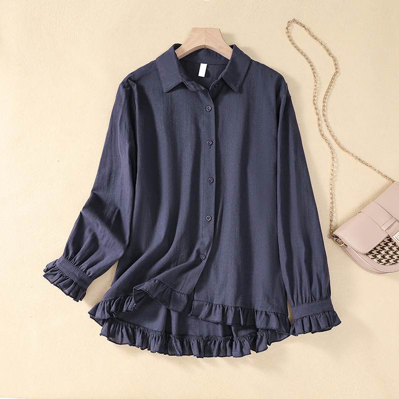 单t恤女装棉麻衬衫长袖翻领木耳边拼接大码亚麻上衣视频