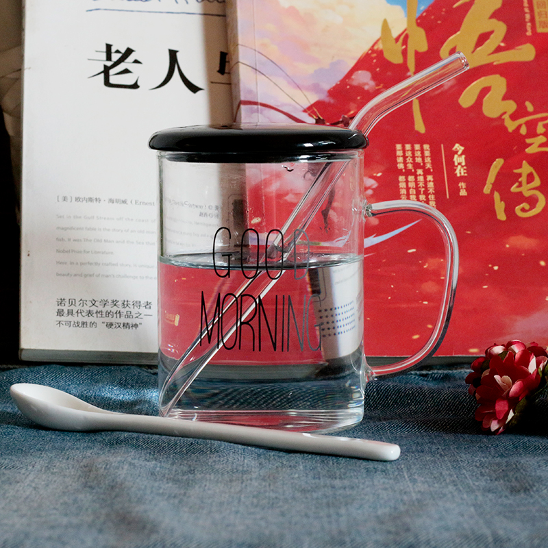 美帮汇茶杯简约透明耐热玻璃杯带盖勺个性咖啡马克杯带把办公室情侣早餐杯子高清大图