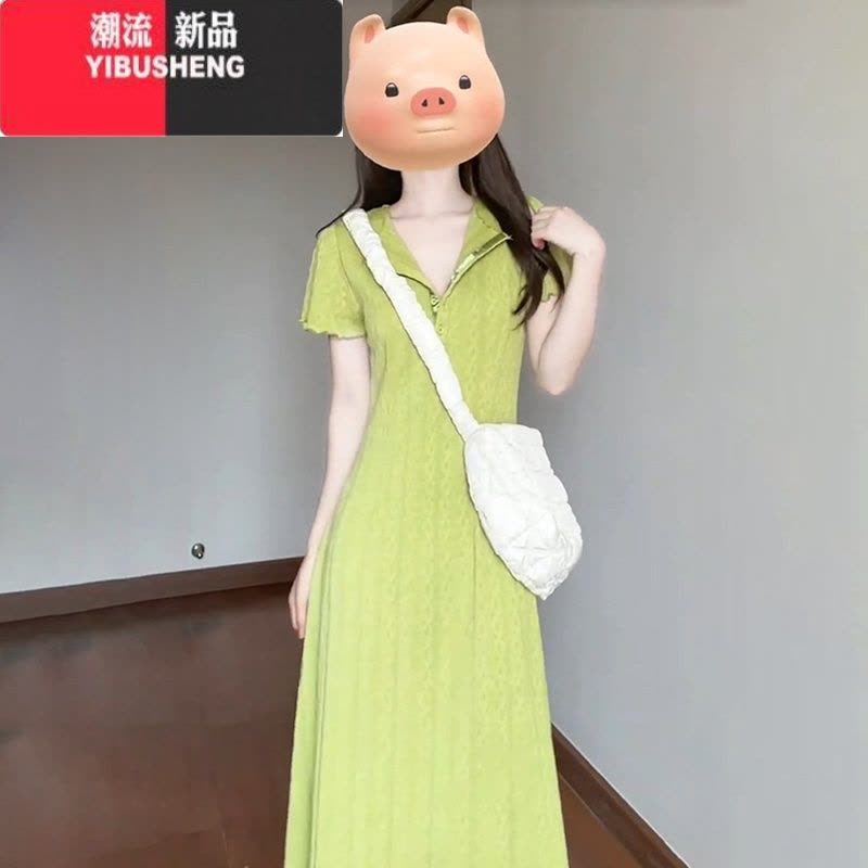 YIBUSHENG茶歇法式气质绿色短袖连衣裙子女季2024新款设计感梨形身材长裙图片