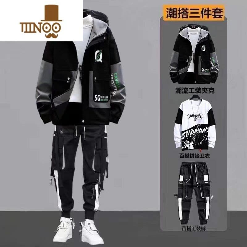 YANXU新款夹克卫衣工装裤三件套男装套冬季男士外套潮流帅气搭配一套衣服工装秋连帽夹克图片