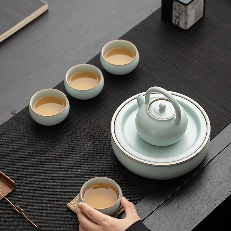 苏氏陶瓷(SUSHI CERAMICS)汝窑开片提梁壶配蓄水茶盘礼盒茶具组高清大图