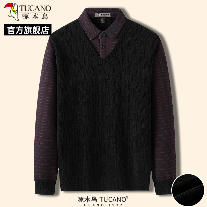 啄木鸟冬季新款中年爸爸装针织衫保暖羊毛衫男士毛衣宽松假两件装高清大图