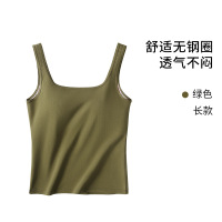 春夏方领宽吊带背心女带胸垫U型美背防透肉透气优质棉内衣女_1 M（建议100-110斤） 修身长款-军绿