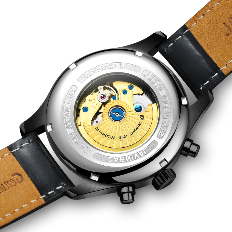 瑞士嘉年华Carnival手表男士全自动机械表 男多功能男表休闲时尚防水夜光真皮革带学生潮流腕表哑光喷砂格调8764-1高清大图