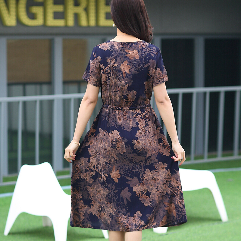 中年人夏装裙子棉绸中老年女装碎花连衣裙妈妈装短袖绵绸长裙大码